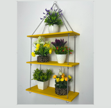 Wooden Rectangular Wall Hanging Planter Stand with Stainless Steel Chains - Yellow / Red